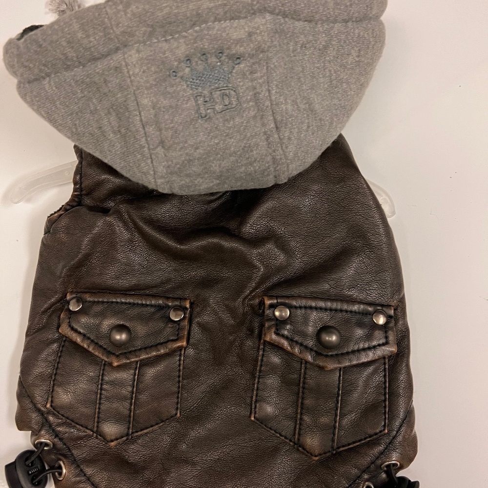 Faux leather jacket worn to model only